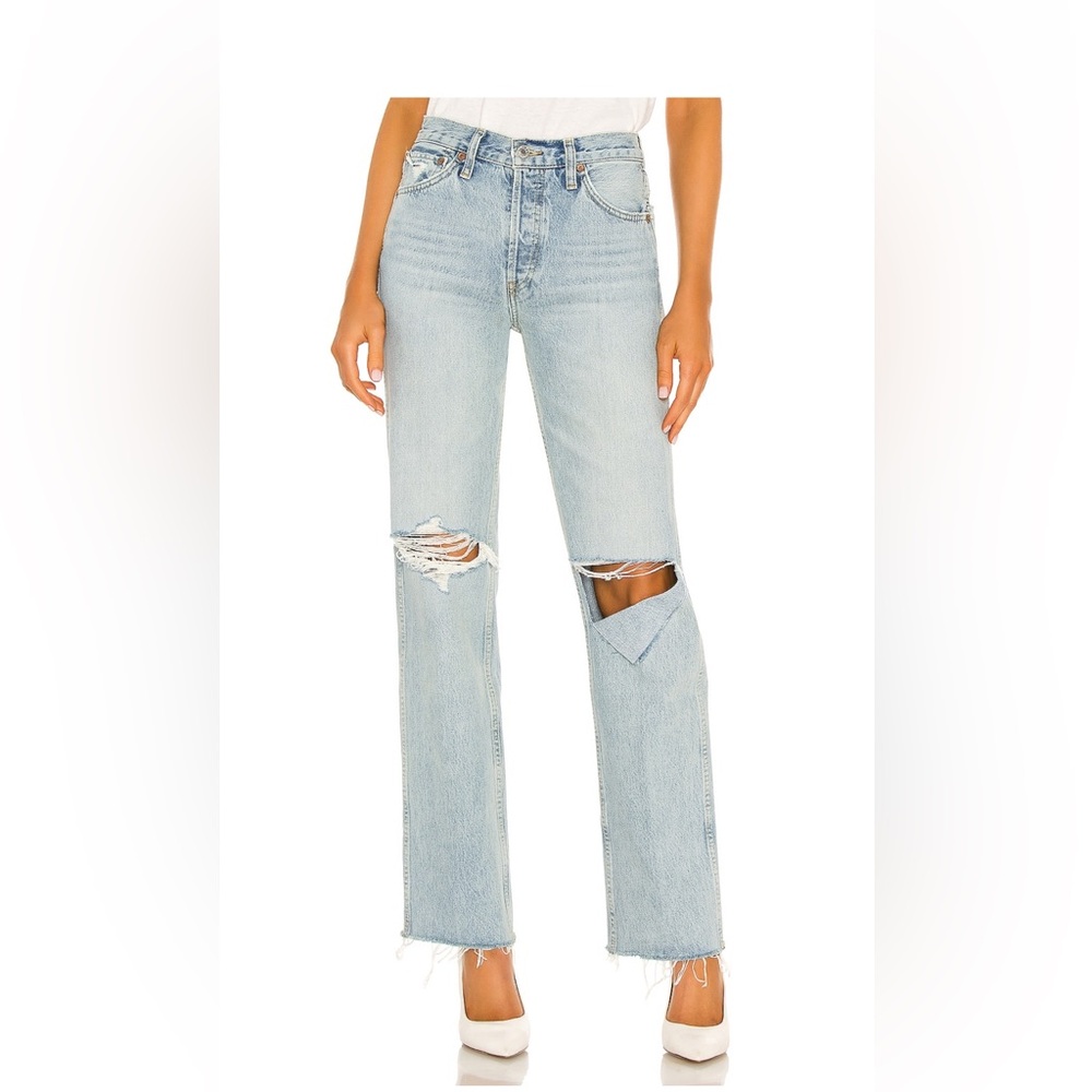 RE/DONE Original 90s High Rise Loose Jeans in Breezy Indigo with rips